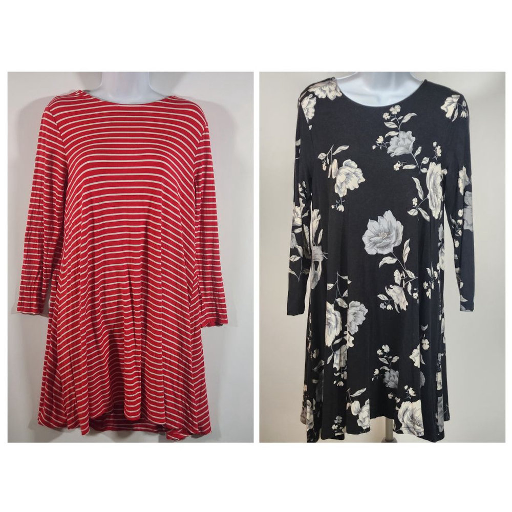Pair of Women's Old Navy Swing Dresses PM, Black Floral & Red Striped Corpcore